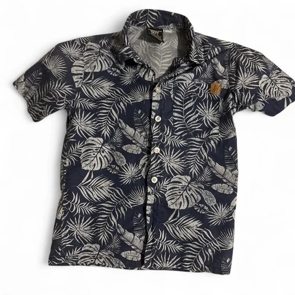 American Hawk Boys 5 Hawaiian Shirt Navy Blue Tropical Leaf Button Down Top - Picture 1 of 3